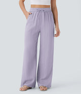 Solid Color Wide Leg Pants With Pockets Fashion Loose Drawstring Trousers Casual Women's Clothing