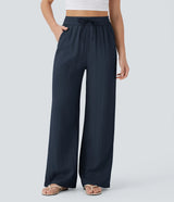 Solid Color Wide Leg Pants With Pockets Fashion Loose Drawstring Trousers Casual Women's Clothing