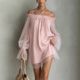 Sexy Sweet Double Strap Vestidos Off Shoulder Dress For Women Vestido Fairy Mini Loose Dresses Summer New Sheer Mesh Long Sleeve