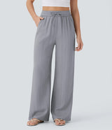 Solid Color Wide Leg Pants With Pockets Fashion Loose Drawstring Trousers Casual Women's Clothing