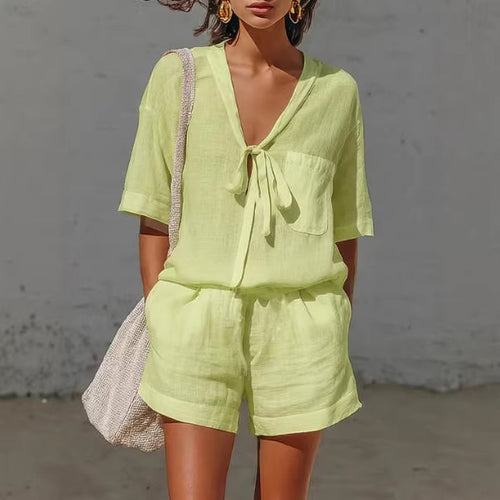 Summer New Solid Color Casual Cardigan Lace-up Short-sleeve Shirt Loose Shorts Set For Women