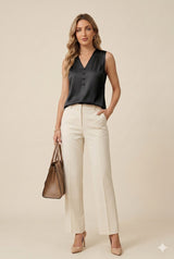 Womens Satin Button V-Neck Sleeveless Top