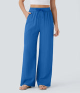 Solid Color Wide Leg Pants With Pockets Fashion Loose Drawstring Trousers Casual Women's Clothing