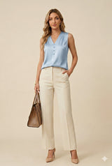 Womens Satin Button V-Neck Sleeveless Top