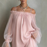 Sexy Sweet Double Strap Vestidos Off Shoulder Dress For Women Vestido Fairy Mini Loose Dresses Summer New Sheer Mesh Long Sleeve