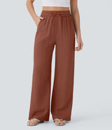 Solid Color Wide Leg Pants With Pockets Fashion Loose Drawstring Trousers Casual Women's Clothing