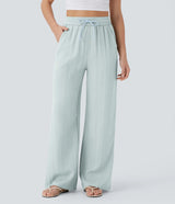 Solid Color Wide Leg Pants With Pockets Fashion Loose Drawstring Trousers Casual Women's Clothing