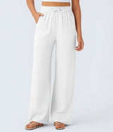 Solid Color Wide Leg Pants With Pockets Fashion Loose Drawstring Trousers Casual Women's Clothing