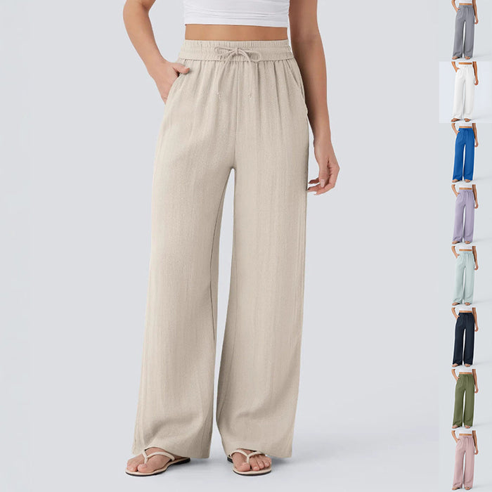 Solid Color Wide Leg Pants With Pockets Fashion Loose Drawstring Trousers Casual Women's Clothing