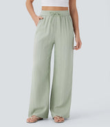 Solid Color Wide Leg Pants With Pockets Fashion Loose Drawstring Trousers Casual Women's Clothing