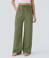 Solid Color Wide Leg Pants With Pockets Fashion Loose Drawstring Trousers Casual Women's Clothing