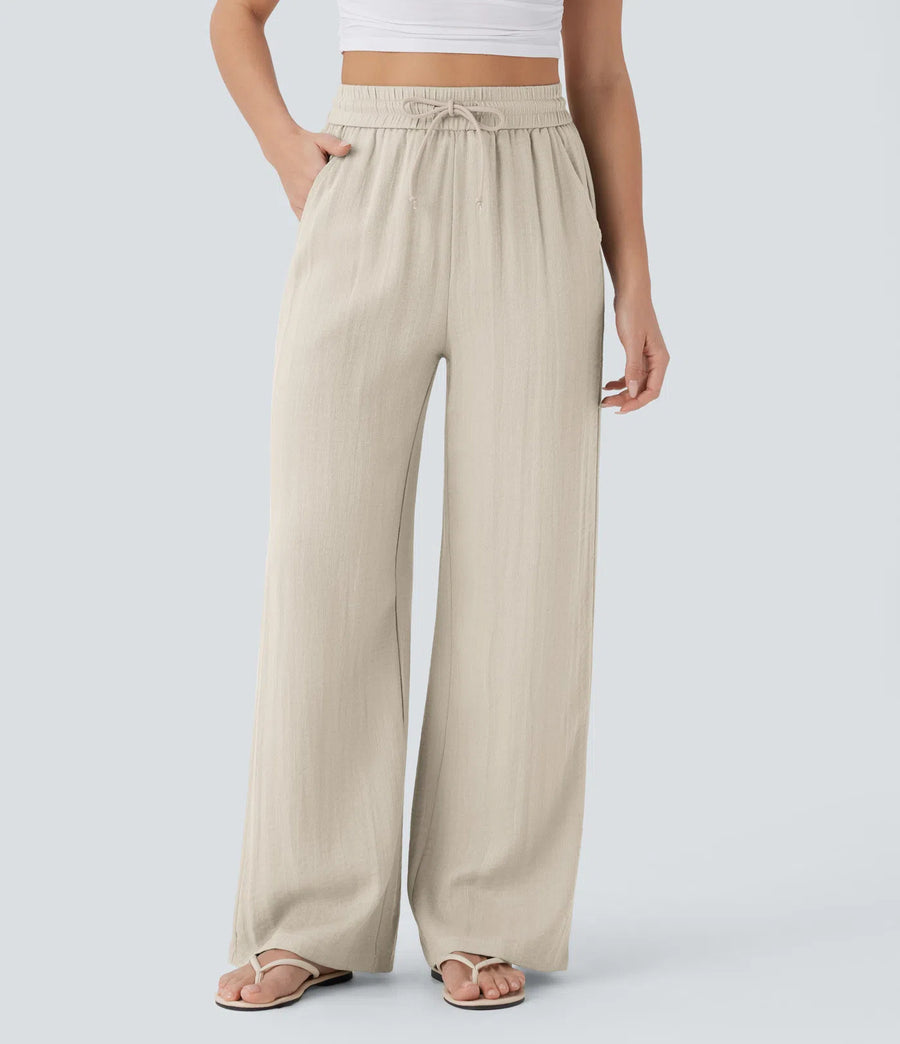 Solid Color Wide Leg Pants With Pockets Fashion Loose Drawstring Trousers Casual Women's Clothing