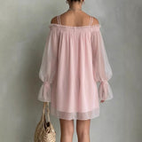 Sexy Sweet Double Strap Vestidos Off Shoulder Dress For Women Vestido Fairy Mini Loose Dresses Summer New Sheer Mesh Long Sleeve