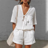 Summer New Solid Color Casual Cardigan Lace-up Short-sleeve Shirt Loose Shorts Set For Women