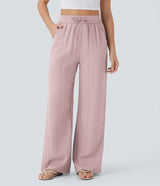 Solid Color Wide Leg Pants With Pockets Fashion Loose Drawstring Trousers Casual Women's Clothing