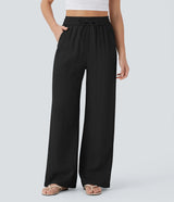 Solid Color Wide Leg Pants With Pockets Fashion Loose Drawstring Trousers Casual Women's Clothing