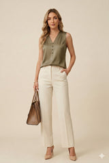 Womens Satin Button V-Neck Sleeveless Top