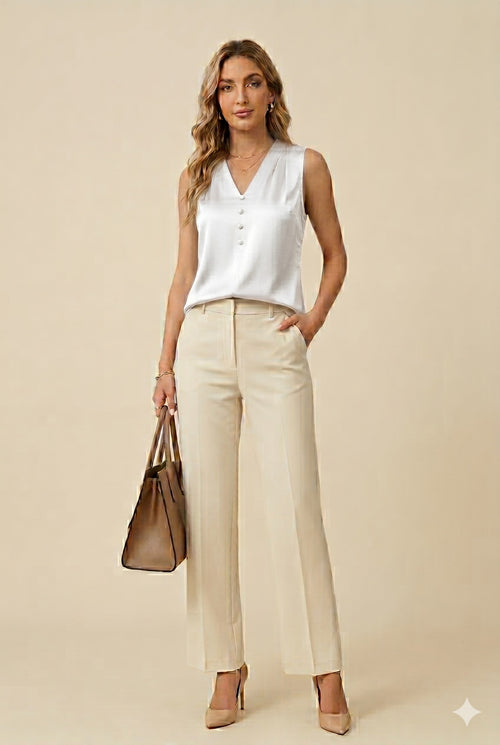 Womens Satin Button V-Neck Sleeveless Top